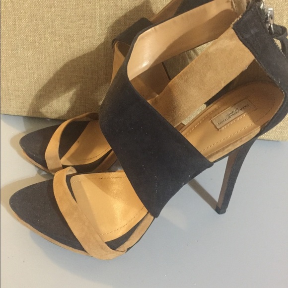 Zara Black‎ & tan brown suede open toe cross band platform stilettos size 41/10 - Picture 2 of 14